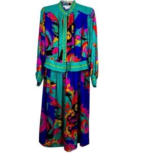 Vintage 80s 100% Silk Paisley Skirt Set Two Piece Bright Colorful Size 10